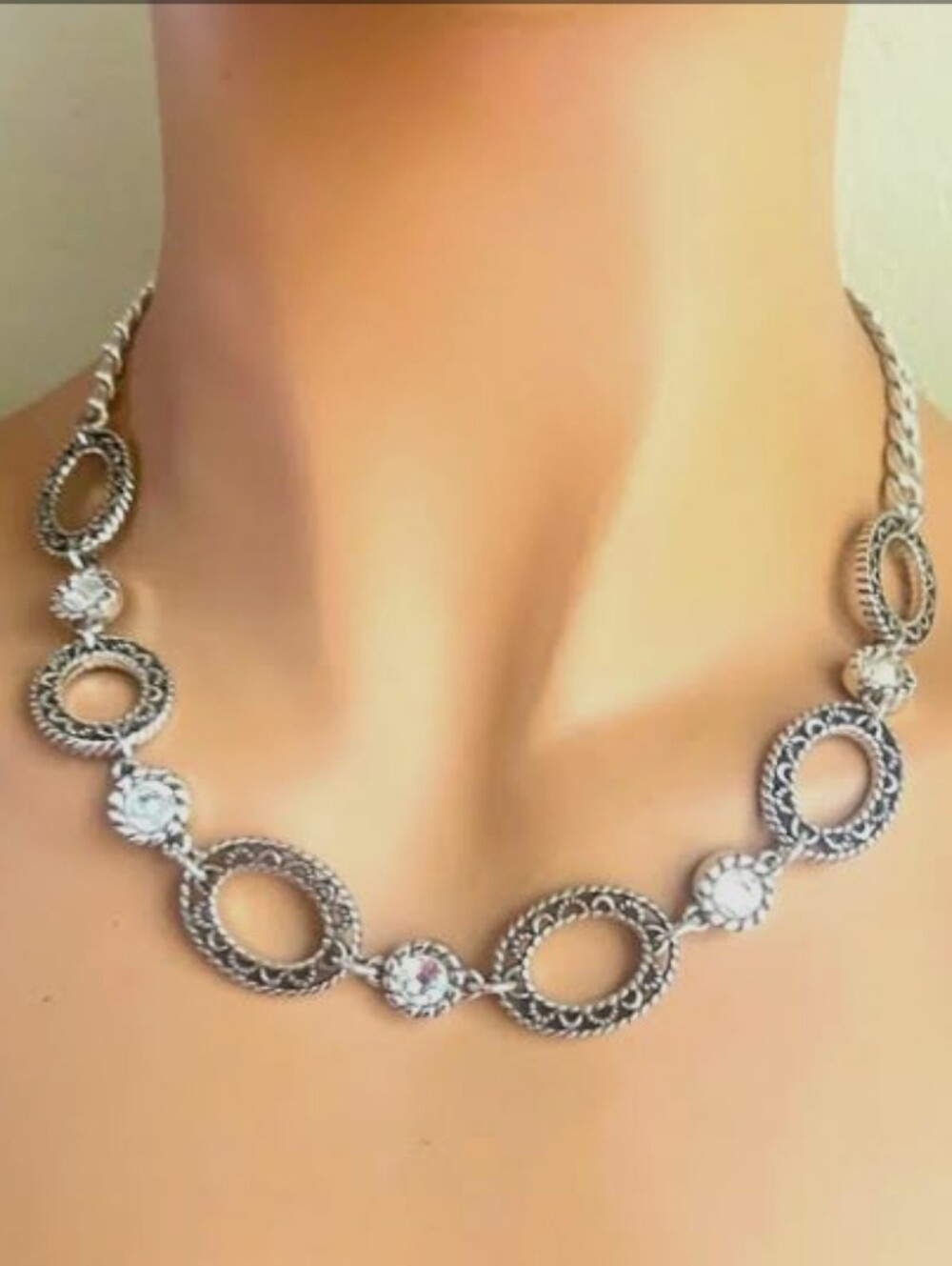 Brighton Oval and Rhinestone Adjustable Reversible Silver Chain Necklace